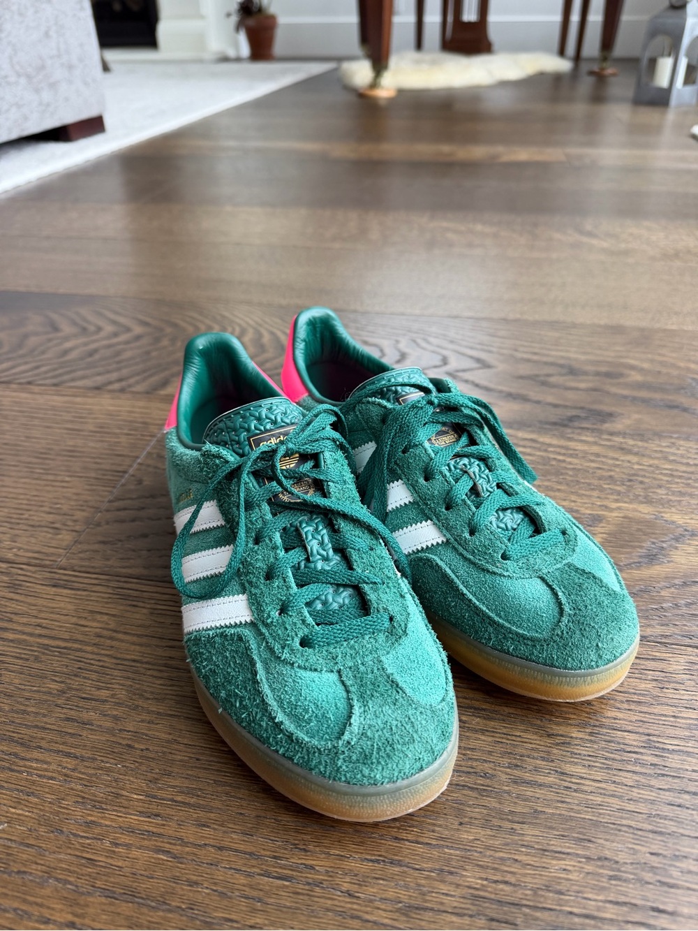 adidas gazelle Green Suede Sneakers with White Stripes and Pink Heel